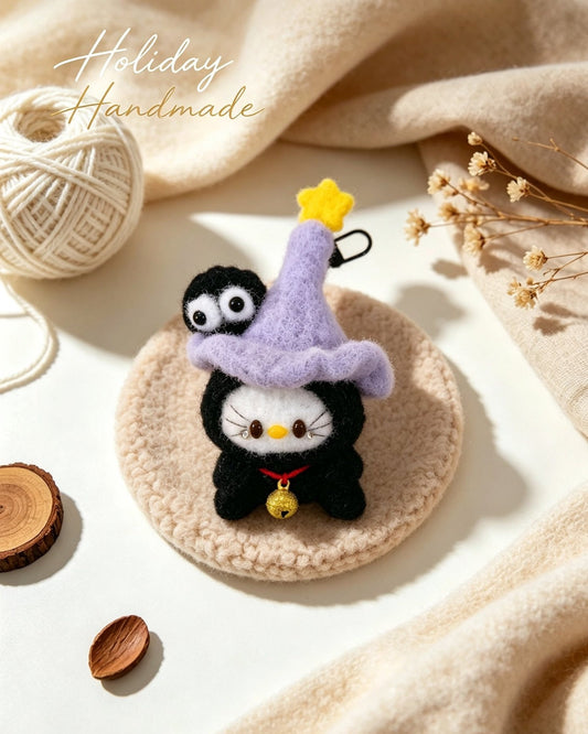 Black fuzzy crochet witch kitty with lavender hat and gold star on a cozy beige scene