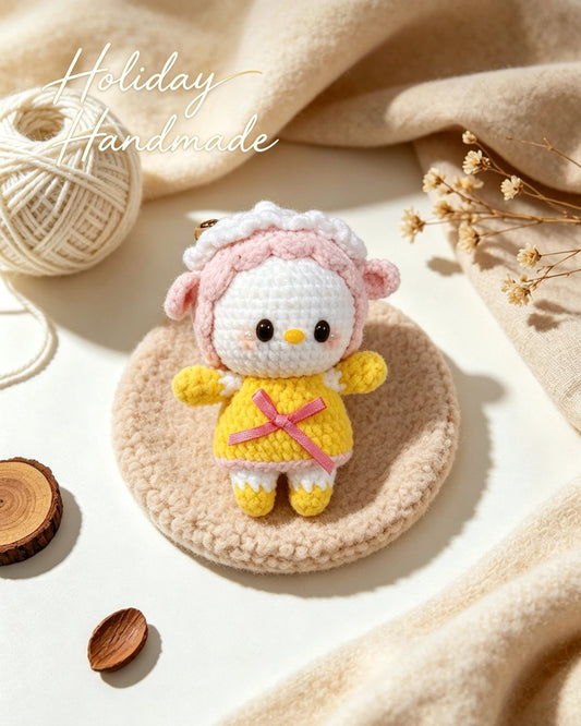 Yellow crochet chick in pink bonnet and dress on a cozy beige scene