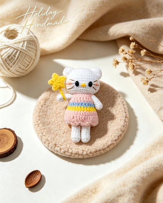 White crochet kitty with star wand and pink rainbow dress on a cozy beige scene